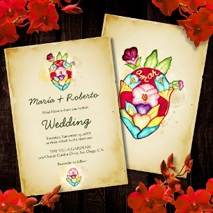 Watercolor Sacred Heart with Floral Motifs Wedding Invitation