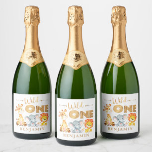 Watercolor Safari 1st Birthday Sparkling Wine Labe Label