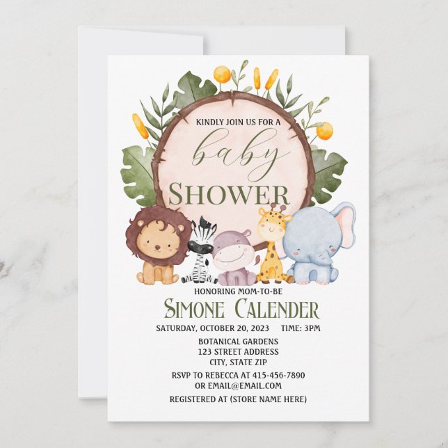 Watercolor Safari Animal Baby Shower Invitation (Front)