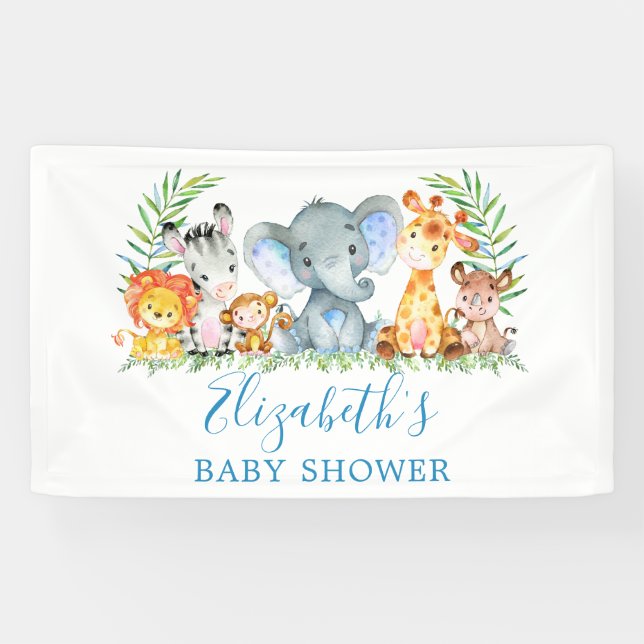 Watercolor Safari Animals Baby Shower Blue Banner (Horizontal)