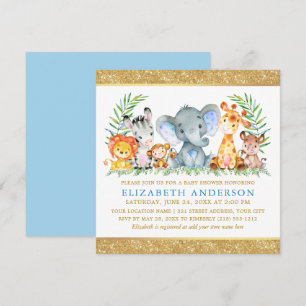 Watercolor Safari Animals Baby Shower Blue Gold Sq Invitation