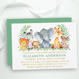 Watercolor Safari Animals Baby Shower Green Gold Invitation