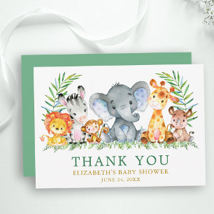 Watercolor Safari Animals Baby Shower Green Gold Thank You Card