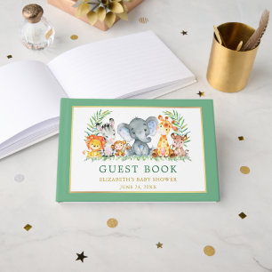 Watercolor Safari Animals Baby Shower Green Guest Book