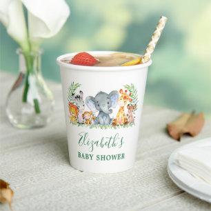 Watercolor Safari Animals Baby Shower Green Paper Cups