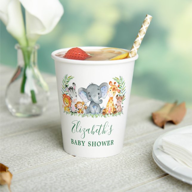 Watercolor Safari Animals Baby Shower Green Paper Cups (Insitu)