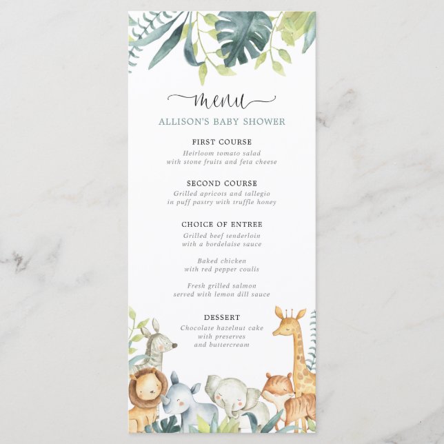 Watercolor safari animals baby shower menu (Front)