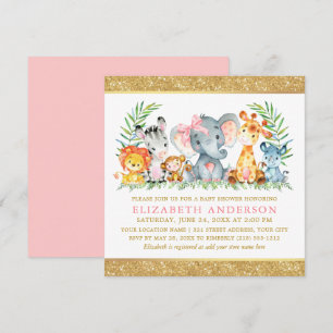 Watercolor Safari Animals Baby Shower Pink Bow Sq Invitation