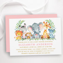 Watercolor Safari Animals Baby Shower Pink Gold