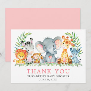 Watercolor Safari Animals Baby Shower Pink Thank You Card