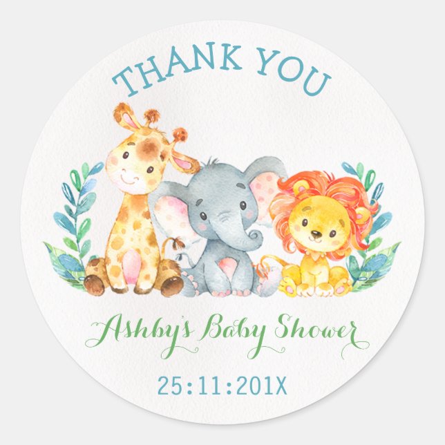 Watercolor Safari Animals Baby Shower Sticker (Front)