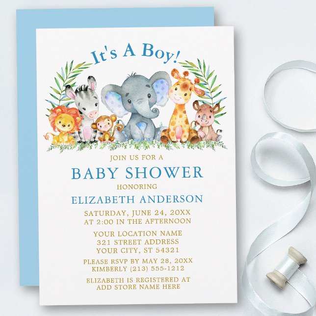 Watercolor Safari Animals Boy Baby Shower Gold Invitation (Customize to change text color, size, text style or to change color of back of card.)