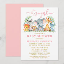 Watercolor Safari Animals Girl Pink Script Shower