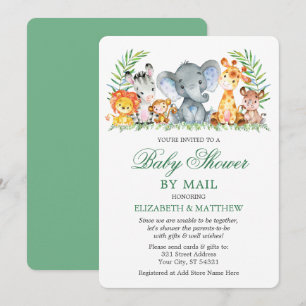 Watercolor Safari Animals Green Shower by Mail Invitation