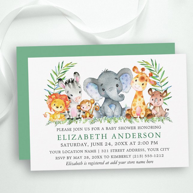 Watercolor Safari Animals Greenery Baby Shower Invitation (Customize to change text color, size, text style or change color of back of card.)