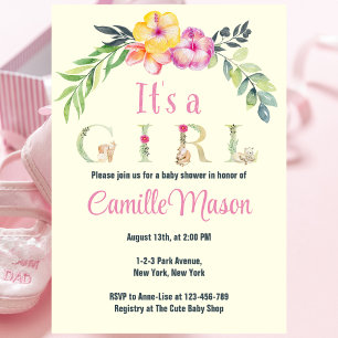 Watercolor Safari Animals It's A Girl Baby Shower Invitation