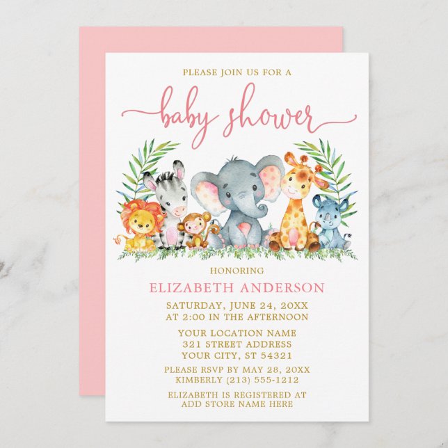 Watercolor Safari Animals Pink Script Shower Gold Invitation (Front/Back)