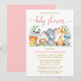 Watercolor Safari Animals Pink Script Shower Gold Invitation