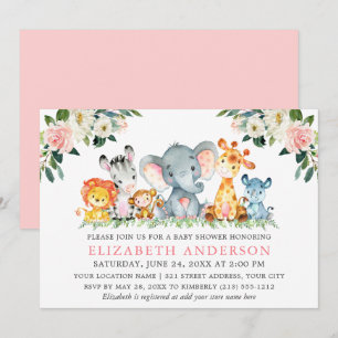 Watercolor Safari Animals Pink White Floral Shower Invitation