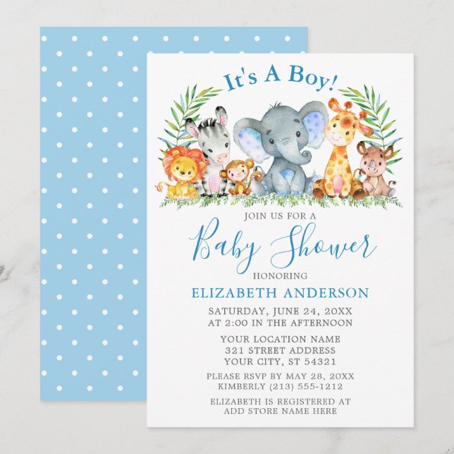 Watercolor Safari Animals Polka Dots Blue Shower Invitation (Front/Back)