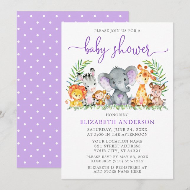 Watercolor Safari Animals Purple Shower Dots Invitation (Front/Back)