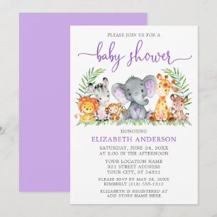 Watercolor Safari Animals Purple Shower Invitation
