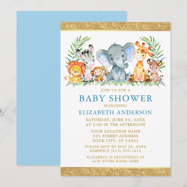 Watercolor Safari Animals Shower Blue Gold Glitter Invitation (Front/Back)