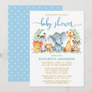 Watercolor Safari Animals Shower Blue Script Gold Invitation