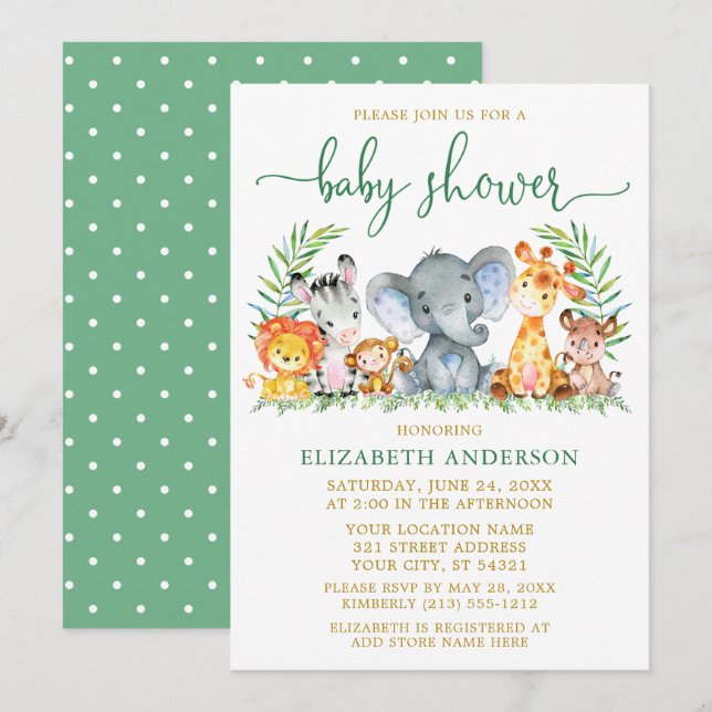 Watercolor Safari Animals Shower Green Script Gold Invitation (Front/Back)
