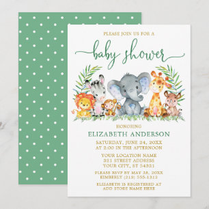 Watercolor Safari Animals Shower Green Script Gold Invitation