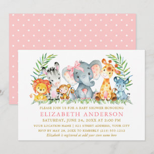 Watercolor Safari Animals Shower Pink Bow Dots Invitation