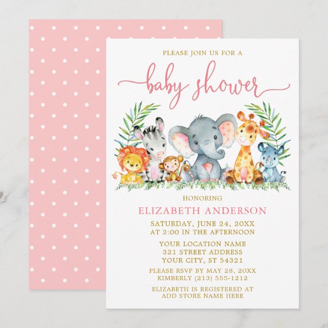 Watercolor Safari Animals Shower Pink Script Gold Invitation (Front/Back)