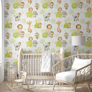 Watercolor Safari Animals Tropical Leaves Nursery Wallpaper