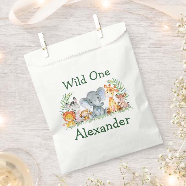 Watercolor Safari Animals Wild One 1st Birthday Favour Bag (Clipped)