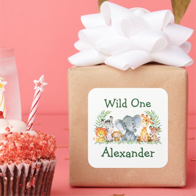 Watercolor Safari Animals Wild One 1st Birthday Square Sticker (Party)