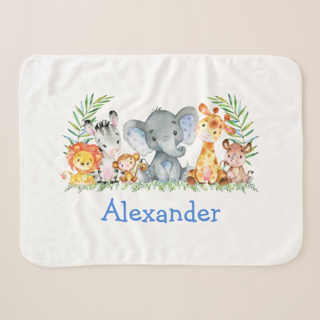 Watercolor Safari Baby Animals Blue Elephant Sherpa Blanket (Front (Horizontal))