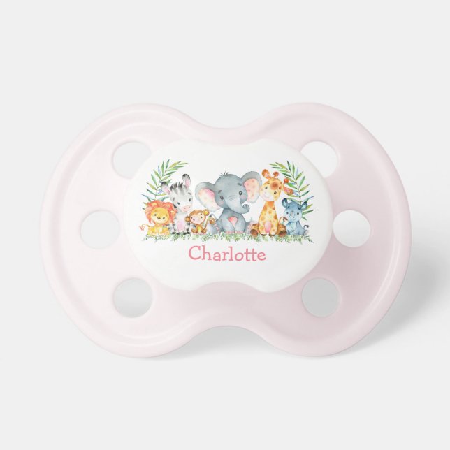 Watercolor Safari Baby Animals Pink Pacifier (Front)