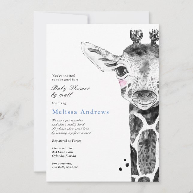 Watercolor Safari Giraffe Baby Shower by Mail Invitation (Front)