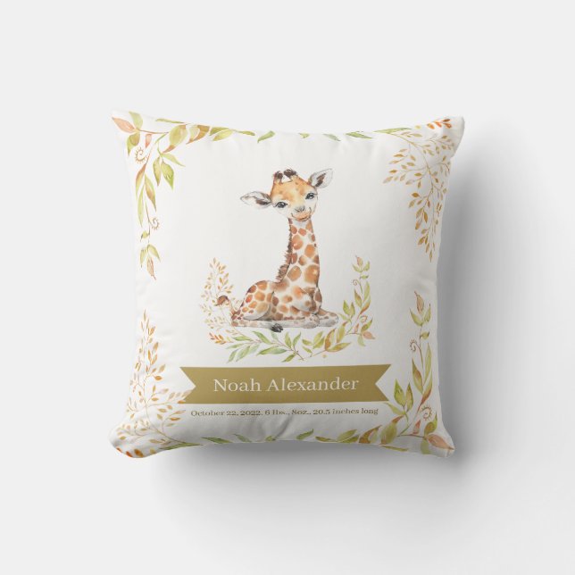 Watercolor Safari Giraffe Green Nursery Birth Stat Throw Pillow (Front)