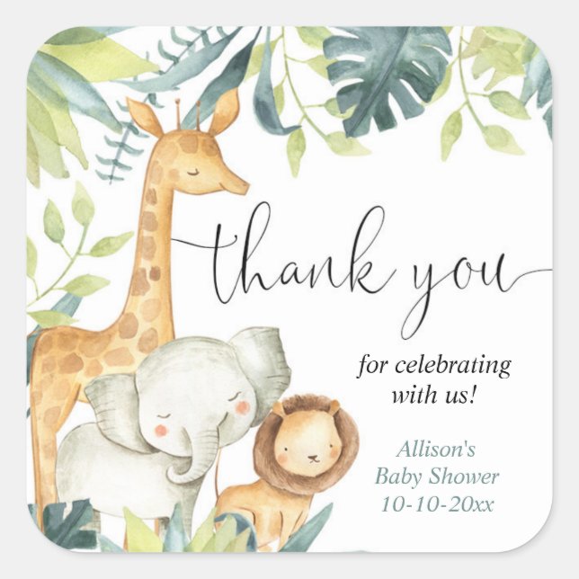 Watercolor safari jungle animals baby shower square sticker (Front)