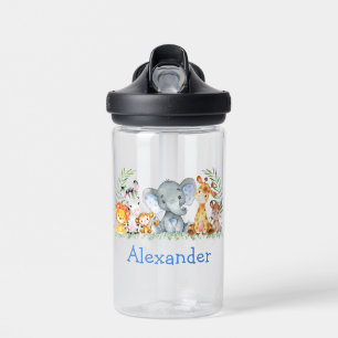 Watercolor Safari Jungle Baby Animals Blue Name Water Bottle