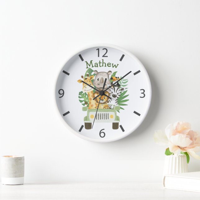 Watercolor Safari Wild Animals in a car Clock (Home)