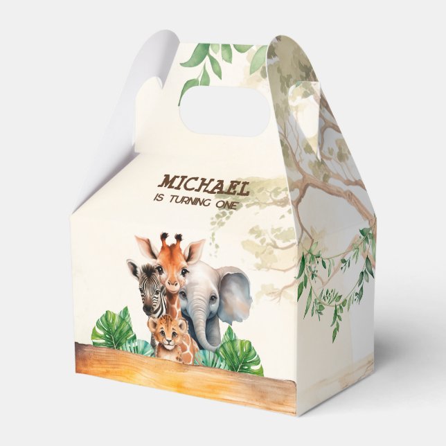 Watercolor Safari Wild One Birthday Favor Box (Front Side)