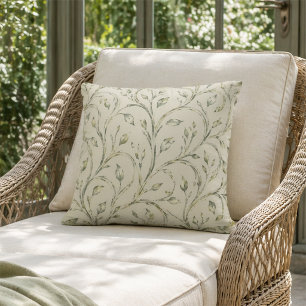 Watercolor Sage Green Botanical Leaf Pattern Throw Pillow