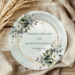 Watercolor Sage Green Botanical Wedding Paper Plat Plate