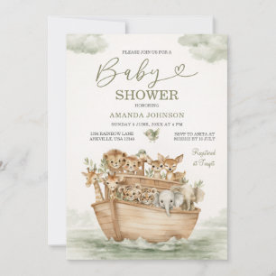 Watercolor Sage Green Cute Noah's Ark Baby Shower Invitation