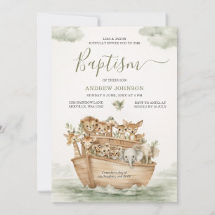 Watercolor Sage Green Cute Noah's Ark Boy Baptism Invitation