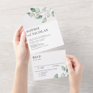 Watercolor Sage Green Eucalyptus Leaves Wedding All In One Invitation
