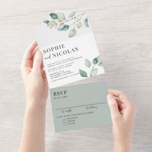 Watercolor Sage Green Eucalyptus Wedding All In One Invitation