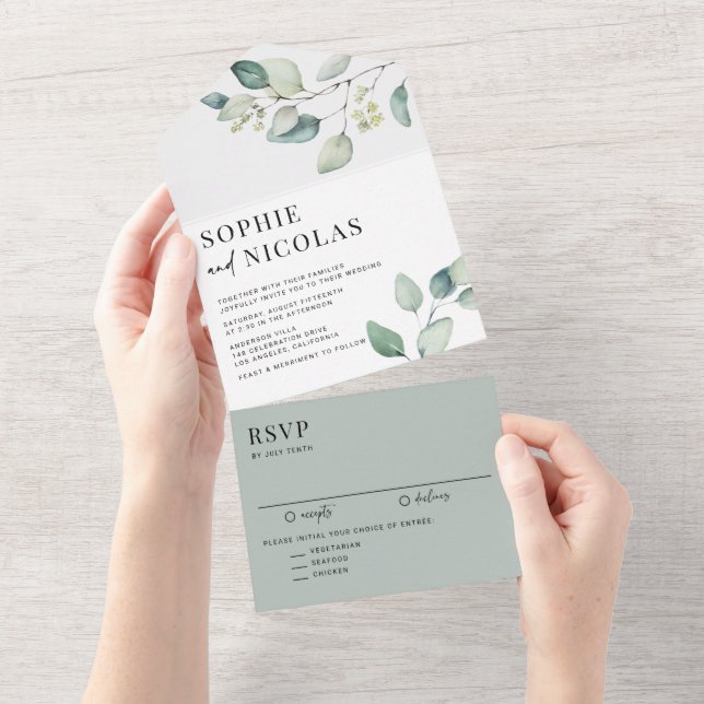 Watercolor Sage Green Eucalyptus Wedding All In One Invitation (Tearaway)